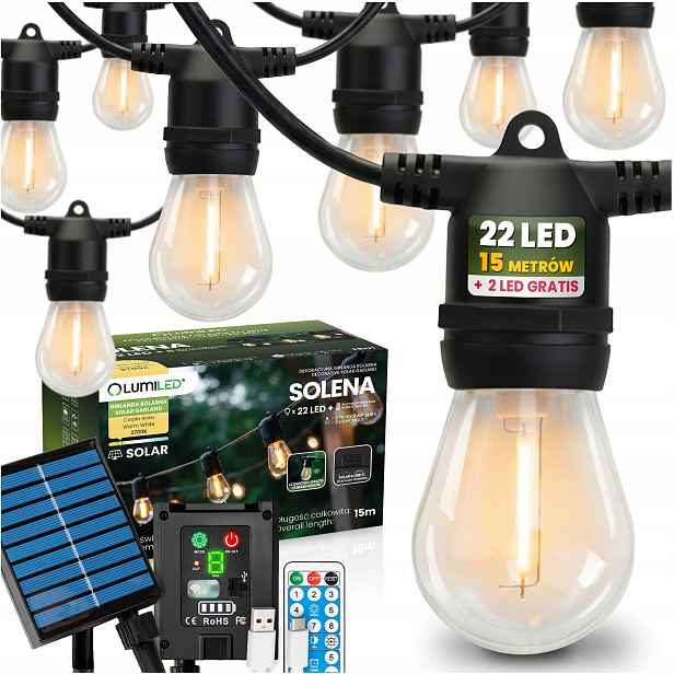 Solární zahradní světelná girlanda 22 Led na balkon Terasa 15 m 2700K Pilot