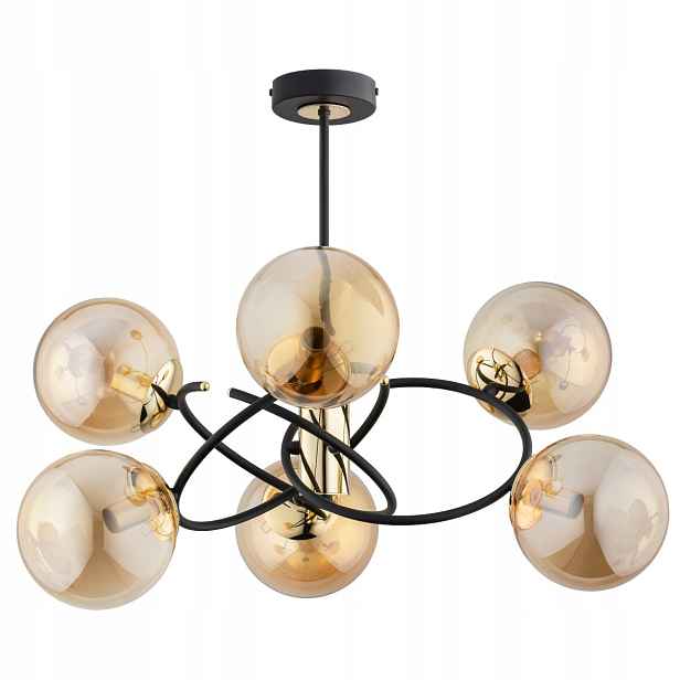 Závěsná lampa Alfa Orbita černá 6xE14 skleněné jantarové koule moderní