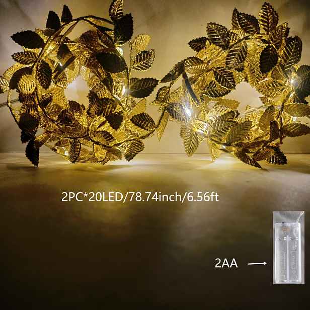 TEMU 2ks 2m/20 LED Zlatý Listový Girlandový Světelný Řetěz, Teplá Bílá Osvětlení na Baterie, pro Domov, Vánoce, Den Díkůvzdání, Jídelní Stůl, Svatbu,