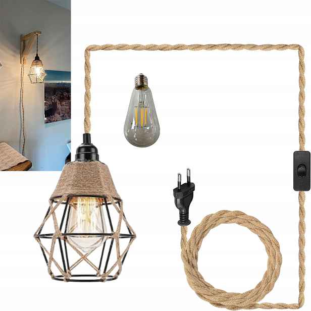 Nástěnná lampa s rustikální zástrčkou Loft dřevěná s vypínačem 3 m