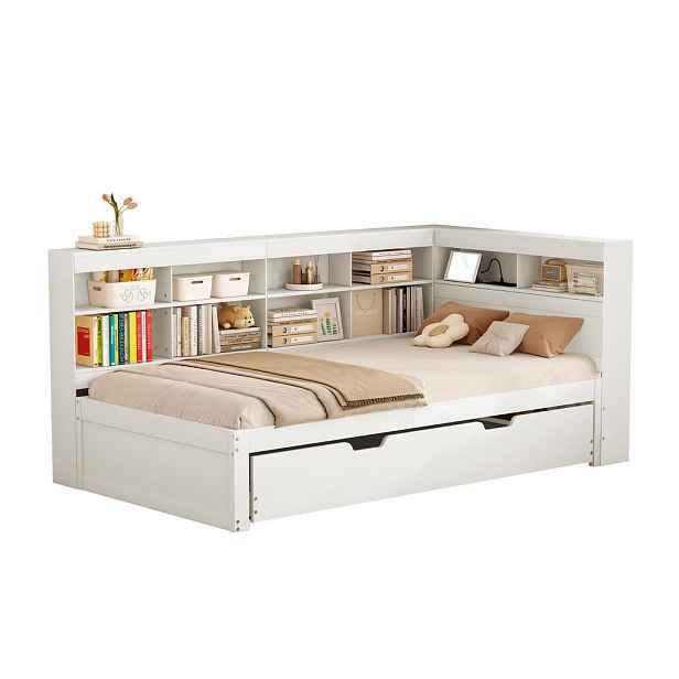 Redom POSTEL ze dřeva 90/200 cm s výsuvným lůžkem 90/190 cm, USB portem a úložnými přihrádkami, bílá