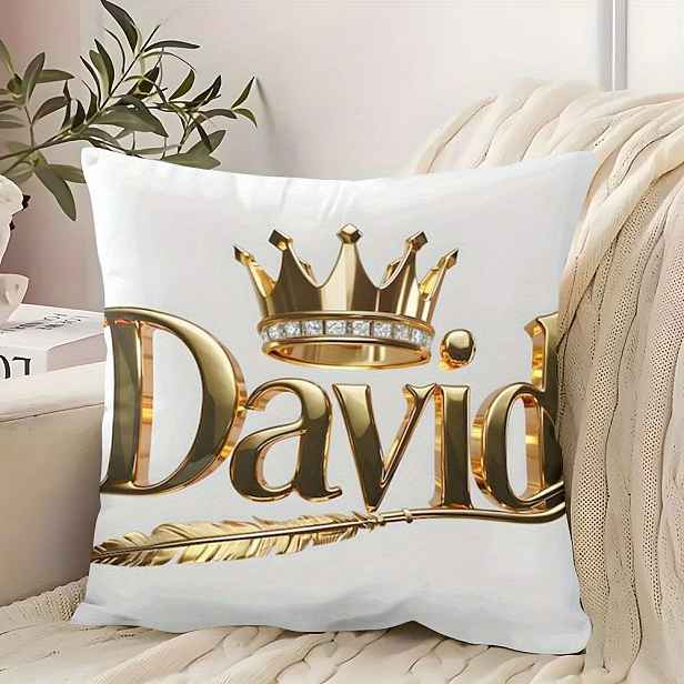 TEMU 1ks Luxusní "David" Povlak na Polštář s Korunou a Peřím - Zlaté Písmo na Bílém, 45,72x45,72cm Čtvercový Povlak na Polštář se Zipem, Současná