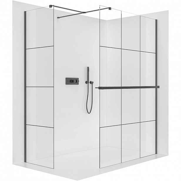 Sprchová zástěna Walk-in Onyx T L/P - 8 mm - hranatá vzpěra + polička/držák na ručníky - černá matná, industriální sklo- 150x90x200 cm