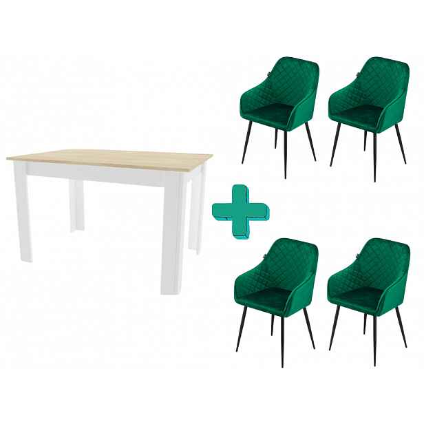 Jídelní set 1+4, bílý stůl v dekoru dub sonoma MADO 120x80cm a zelené sametové jídelní křeslo NUGAT