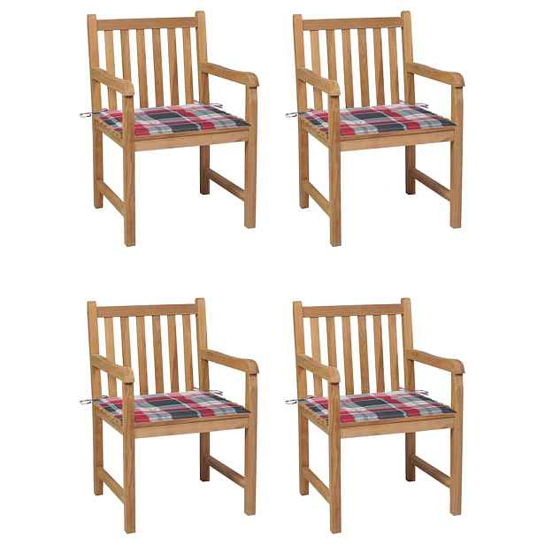 vidaXL Zahradní židle 4 ks červené kárované podušky masivní teak