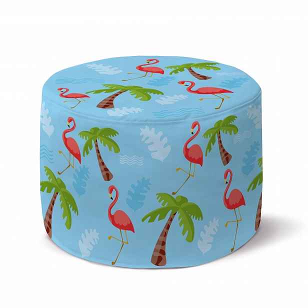Podnožka Světle Modrá s Plameňáci a Palmami 35x25cm Kulatá Taburet Stolička Křeslo