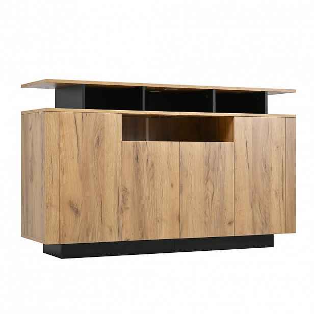 Urban Meuble SIDEBOARD 140 cm přírodní dřevo a černá se 4 dvířky a otevřenými přihrádkami v moderním stylu