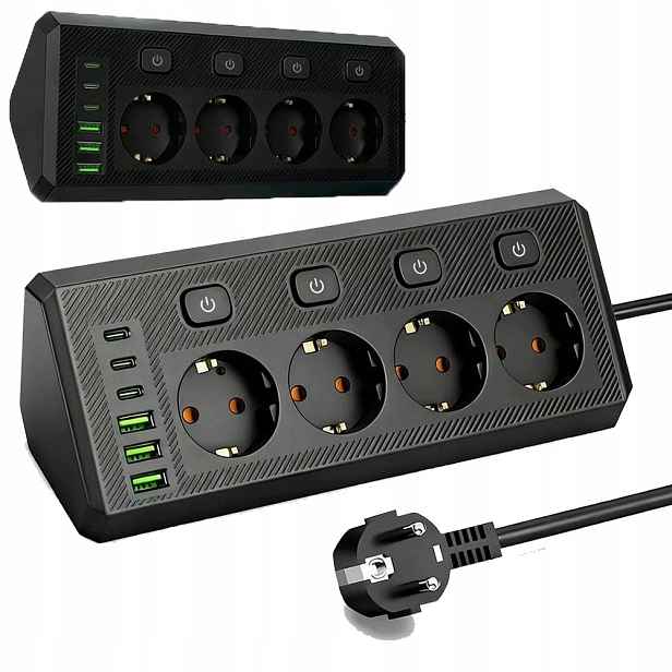 Prodlužovací Kabel Zásuvková Lišta Vypínač 4 Zásuvky Nabíječka 6X Usb 2 M Černý