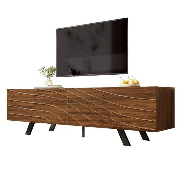 EVRYAE TV STOLEK s LED světelným efektem, skleněná přepážka, tři dvířka, zásuvka a tlumicí pant