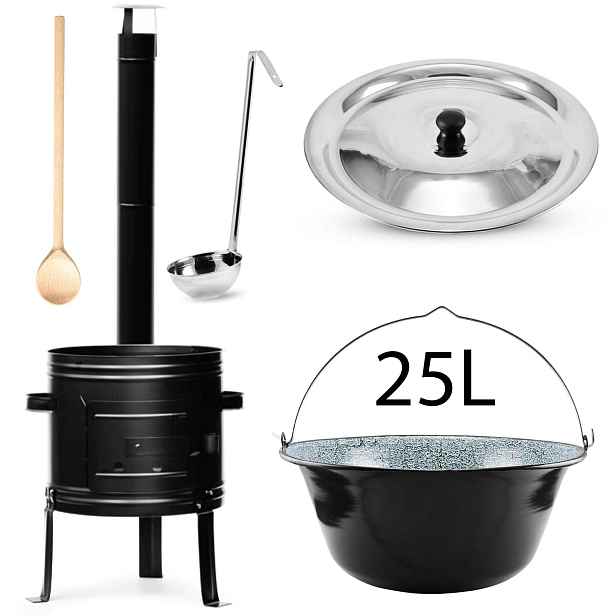 Perfect Home KotlinaSet012 Železná kotlina s komínem, kolenem 45 cm + smaltovaný kotlík s poklicí na guláš 25 L + Vařečka + Naběračka ZDARMA, 5 ks