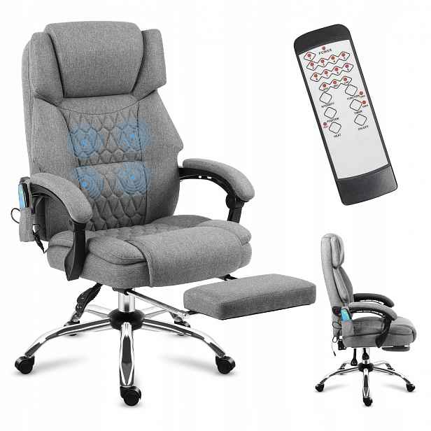 Kancelářská otočná židle Mark Adler šedá, ergonomická, s masáží a podnožkou
