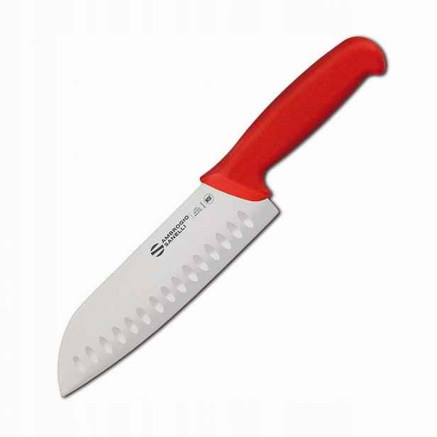 Nůž Santoku Sanelli Ambrogio Supra, s vroubkovanou čepelí (Granton), 18 cm, červený
