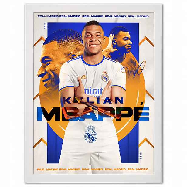 Obraz Kylian Mbappe Real Madrid v rámečku na zeď bílý 70x50 cm