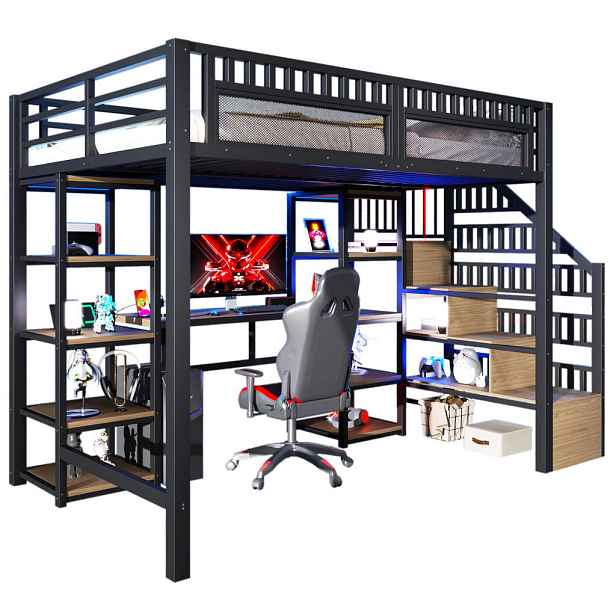 Modenvie VYSOKÁ postel 140/200 cm z kovu a MDF, černá, s psacím stolem, LED a USB