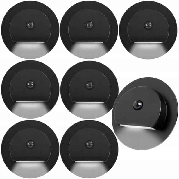 8X Schodišťová Lampa Černá Led 230V Senzor Pohybu Soumraku Neutrální Barva
