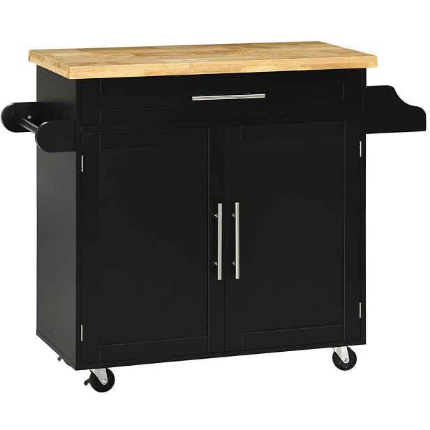Modenvie KUCHYŇSKÝ ostrůvek ze dřeva, 109/40/89 cm černý, s pracovní deskou a kolečky