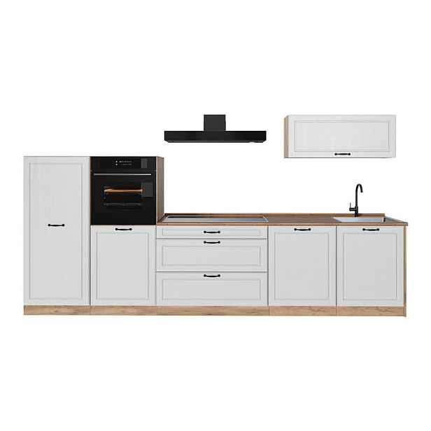 Vicco KUCHYŇSKÝ KOUT R-Line, Bílý venkovský dům/Zlatý mocný dub, 340 cm pracovná doska Dub Goldkraft