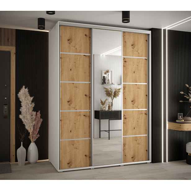 Šatní skříň YVONA 5 - 180/60 cm, bílá / dub artisan / stříbrná