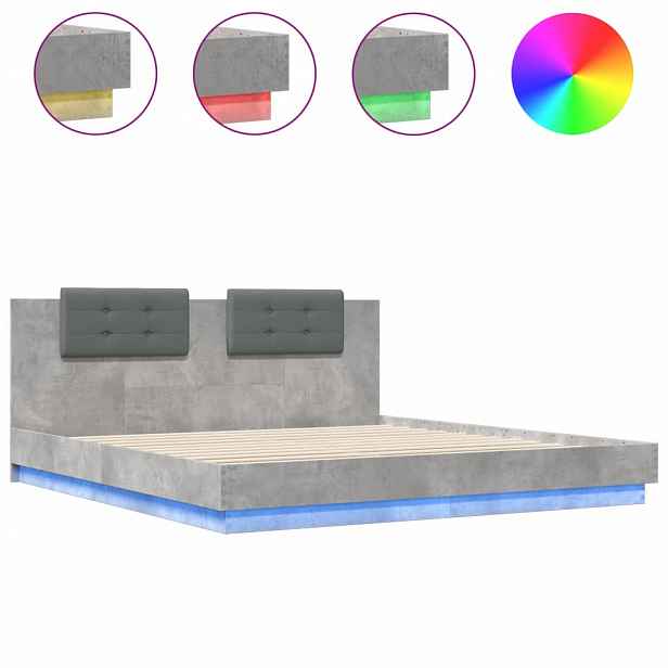 vidaXL Rám postele s čelem a LED osvětlením betonově šedý 200x200 cm