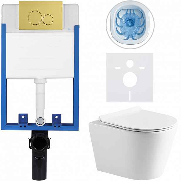 Kompletní WC set Profi/Carlito - bílá lesklá - WC tlačítko Duo/Zlatá - pro zazdění - 48,5x36,5 cm
