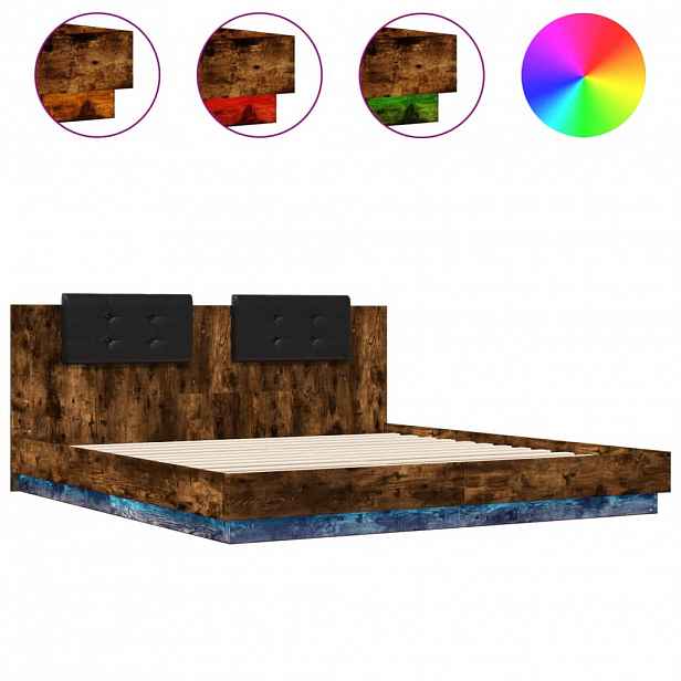 vidaXL Rám postele s čelem a LED osvětlením kouřový dub 200x200 cm