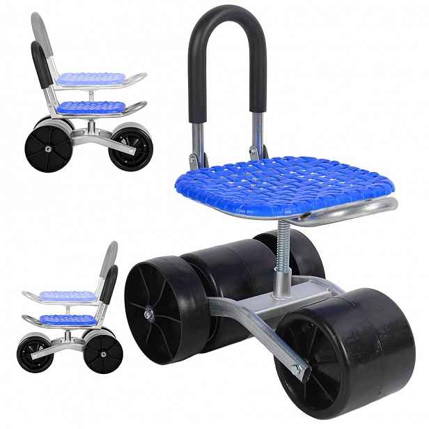 Zahradní Židle S Kolečky 360° Nastavitelná, 150 Kg, Sklopitelné Opěradlo, Modrá Barva