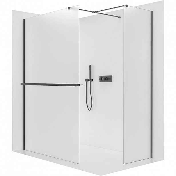 Sprchová zástěna Walk-in Onyx T L/P - 8 mm - hranatá vzpěra + polička/držák na ručníky - černá matná, mléčné sklo - 160x80x200 cm