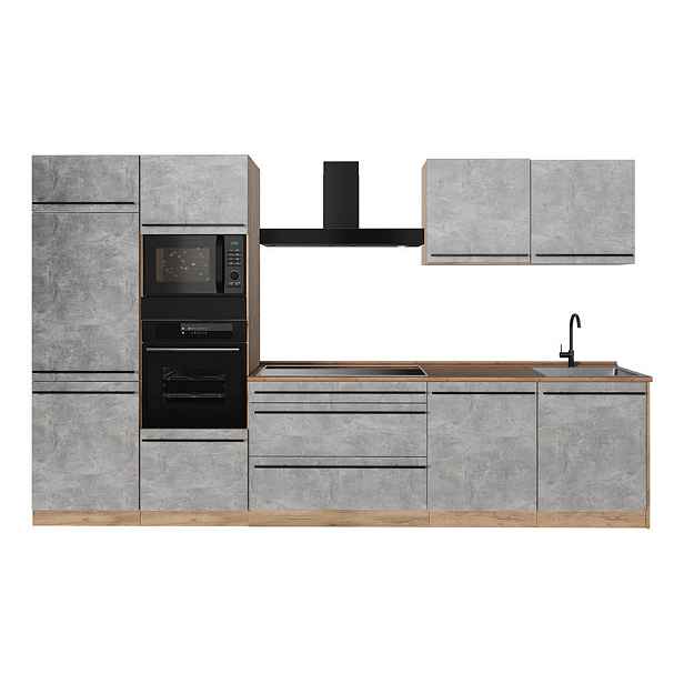 Vicco KUCHYŇSKÝ KOUT R-Line, Beton/Zlatý mocný dub, 340 cm pracovná doska Dub Goldkraft