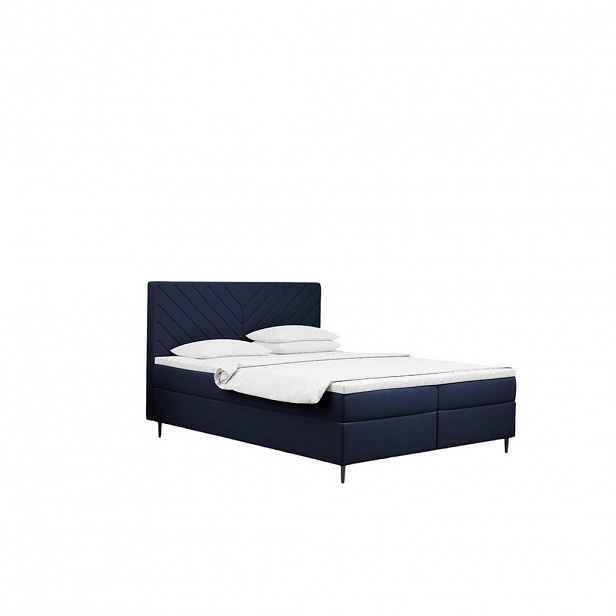 Kaiser Möbel KONTINENTÁLNÍ POSTEL s úložným prostorem, matrací a topperem RUGIA tkanina Velvet Námořnická modrá 200x200 cm H2-Pocket