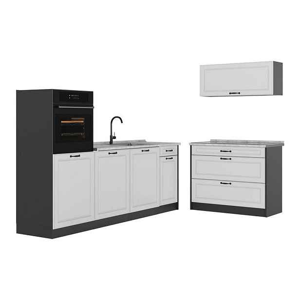 Vicco KUCHYŇSKÝ KOUT R-Line, Bílý venkovský dům/Antracit, 220 cm pracovná doska Mramor
