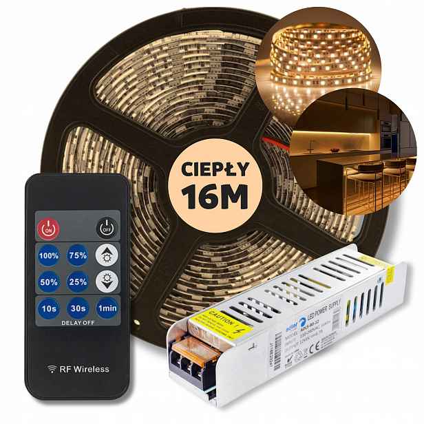 Set 16 m Led pásek Smd bílý teplý napájecí zdroj dálkový ovladač 12 V