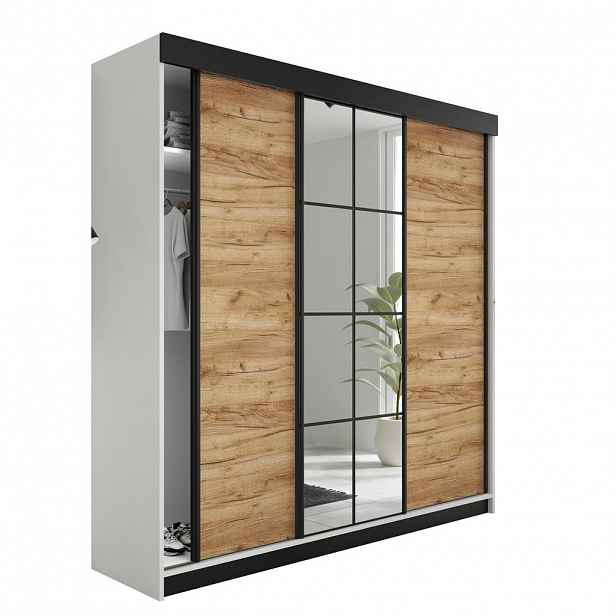 Kier Furniture POSUVNÁ ŠATNÍ SKŘÍŇ LAMARO - 200x205x59cm - Bílá & Dub Craft