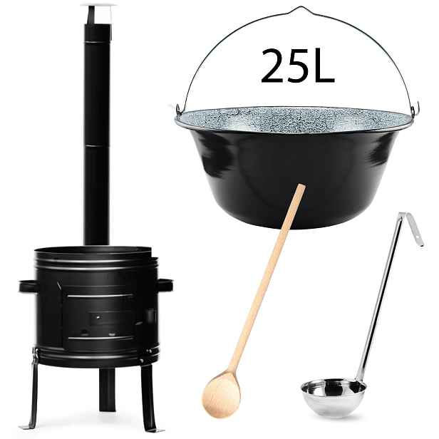 Perfect Home KotlinaSet014 Železná kotlina s komínem, kolenem 45 cm + smaltovaný kotlík na guláš 25 L + vařečka + naběračka ZDARMA, 4 ks