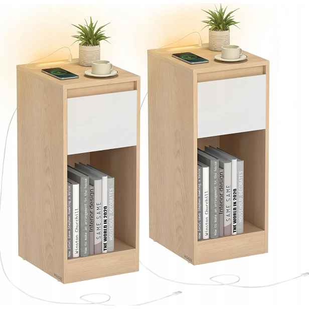 Vasagle Sada 2 nočních stolků Slim s Led osvětlením a zásuvkou