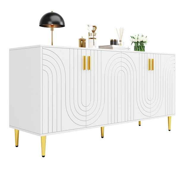 Redom SIDEBOARD 152/40/75 cm s úložným prostorem, vlnitým čelním designem a zlatými úchyty, Bílá