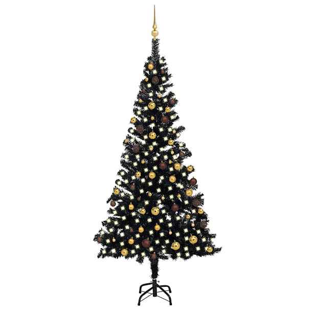 vidaXL Umělý vánoční stromek s LED a sadou koulí černý 240 cm PVC