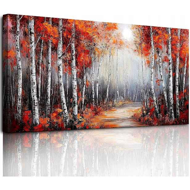 Obraz na plátně XXL 146×73 cm podzimní břízový les, červeno-oranžový