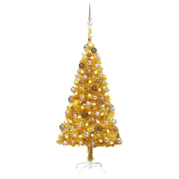 vidaXL Umělý vánoční stromek s LED a sadou koulí zlatý 120 cm PET