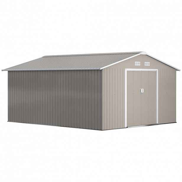 Outsunny ZÁHRADNÍ DOMEK 12,4 m², zahradní domek s pultovou střechou, posuvnými dveřmi, základem, světle šedý