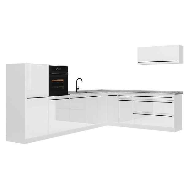 Vicco ROHOVÁ KUCHYŇ R-Line, Bílá vysoký lesk/Bílá, 327 x cm pracovná doska Mramor