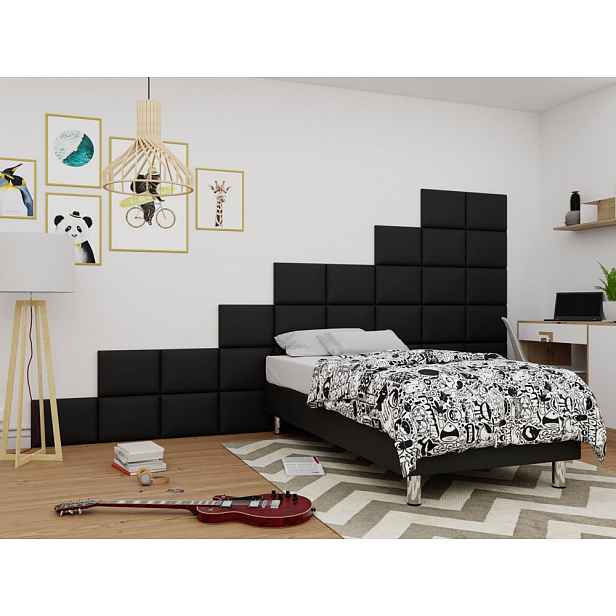 Čalouněná jednolůžková postel 80x200 NECHLIN 2 - černá ekokůže + panely 40x30 cm ZDARMA