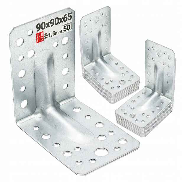Tesařský úhelník 90x90x65 gr. 1,5 mm ocelový montážní perforovaný 50 Ks.