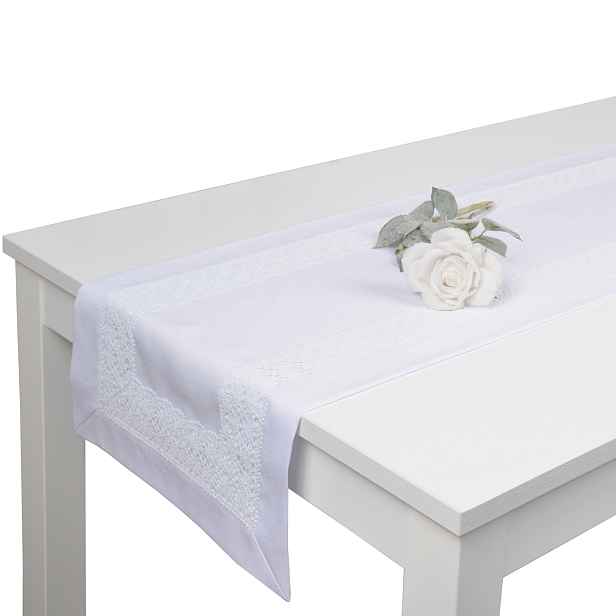 běhoun na stůl s krajkou Sewilla 40x160 skvrnám odolný bílý pás