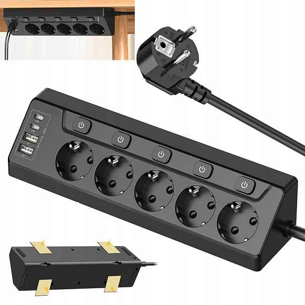 Prodlužovací Kabel Zásuvková Lišta Silný Vypínač 2 m 4 x Usb 5 Zásuvek Vypínač