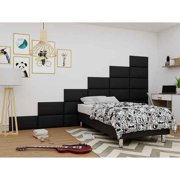 Čalouněná jednolůžková postel 80x200 NECHLIN 2 - černá ekokůže + panely 60x30 cm ZDARMA