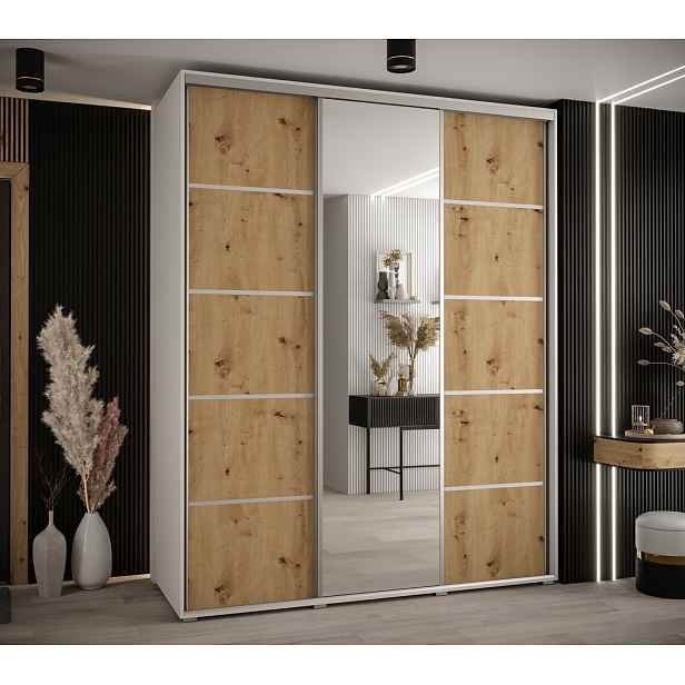 Šatní skříň YVONA 5 - 190/60 cm, bílá / dub artisan / stříbrná