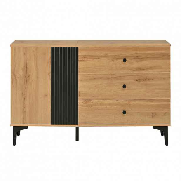 Urban Meuble SIDEBOARD 120 cm přírodní dřevo a černá s dvířky, 3 zásuvkami a kovovými nohami ve skandinávském stylu