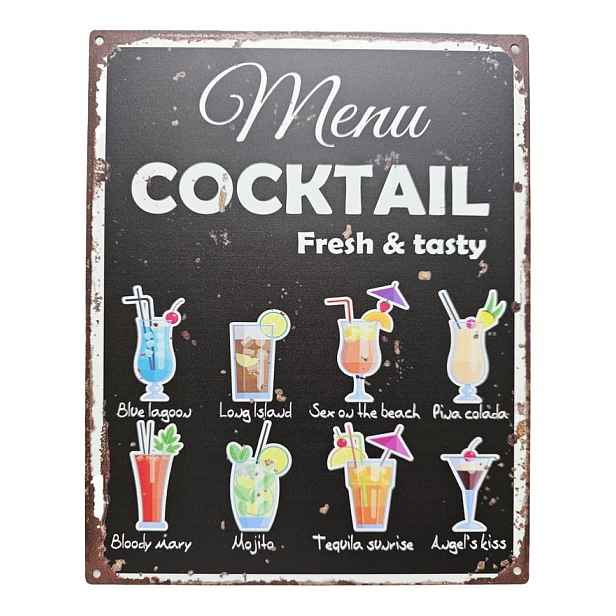 Černá antik nástěnná kovová cedule Menu Coctail - 20*25cm Ostatní