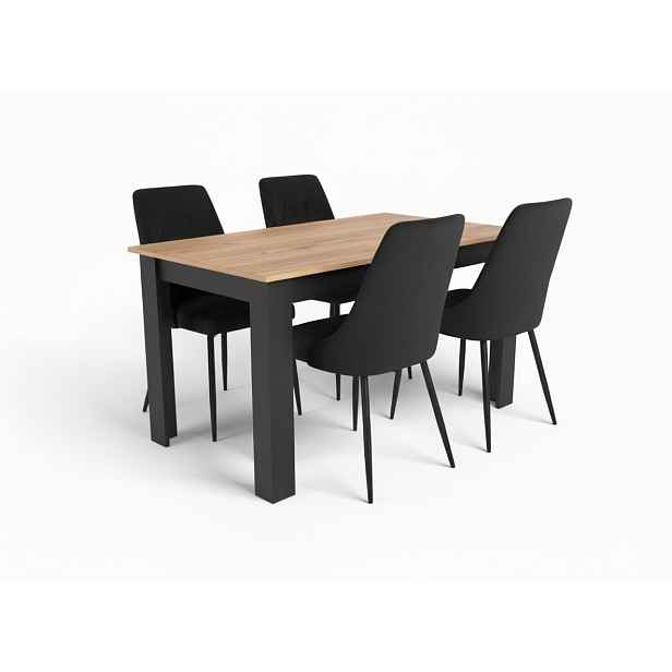Jídelní set 1+4, černý stůl v dekoru dub zlatý MADO 120x80cm a černá sametová jídelní židle IMOLA