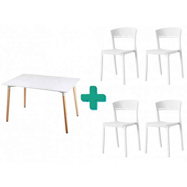 Jídelní set 1+4, bílý stůl BERGEN 120x80cm a bílá plastová židle COCO